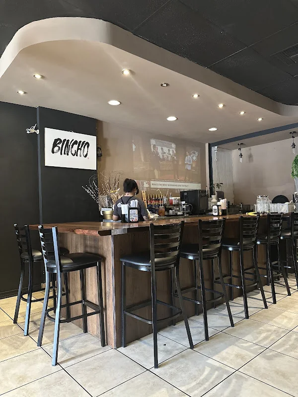 The counter and dining room at Bincho Ramen Tarzana